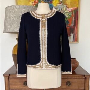 VTG ST JOHN EVENING Elegant BLUE, WHITE and GOLD Women's KNIT SWEATER/TOP